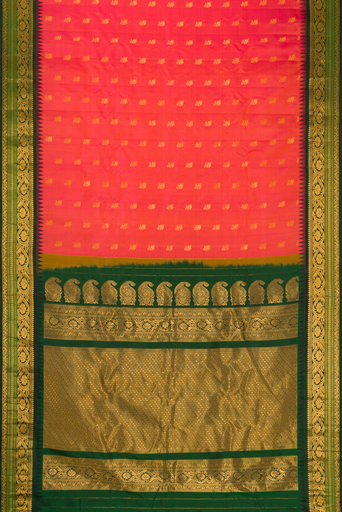 Flat view of Coral Dual Tone Gadwal Silk Saree with Zari Butta on the body and Zari Border. 