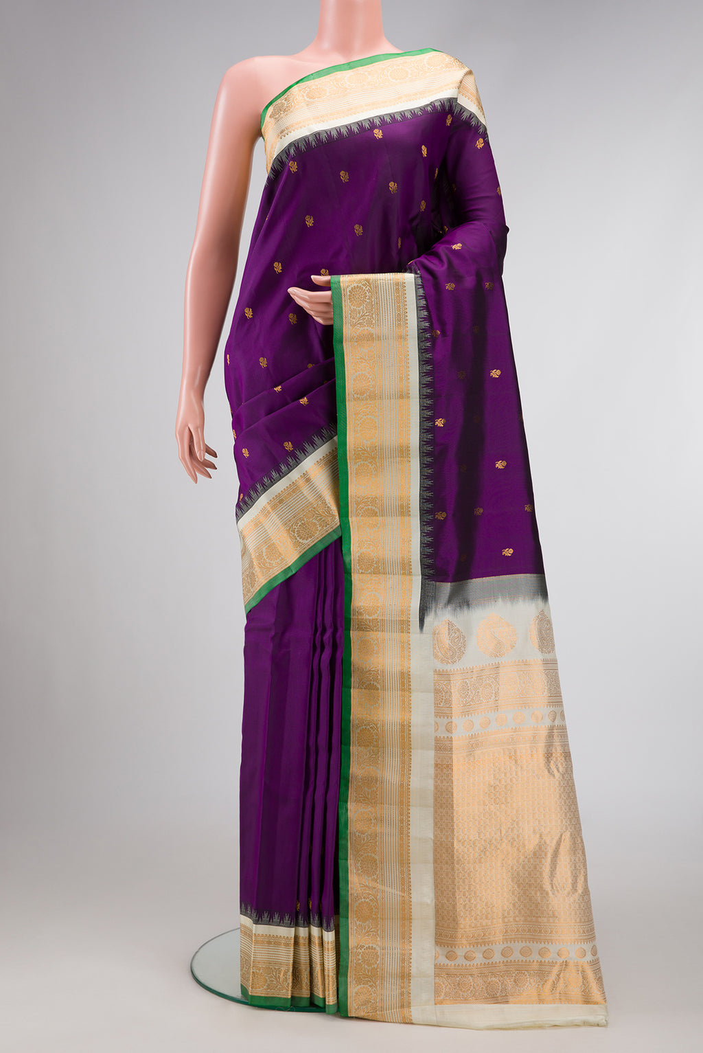 Violet Dual Tone Gadwal Silk Saree with Zari Butta on the body and Zari Border.  displayed on a mannequin