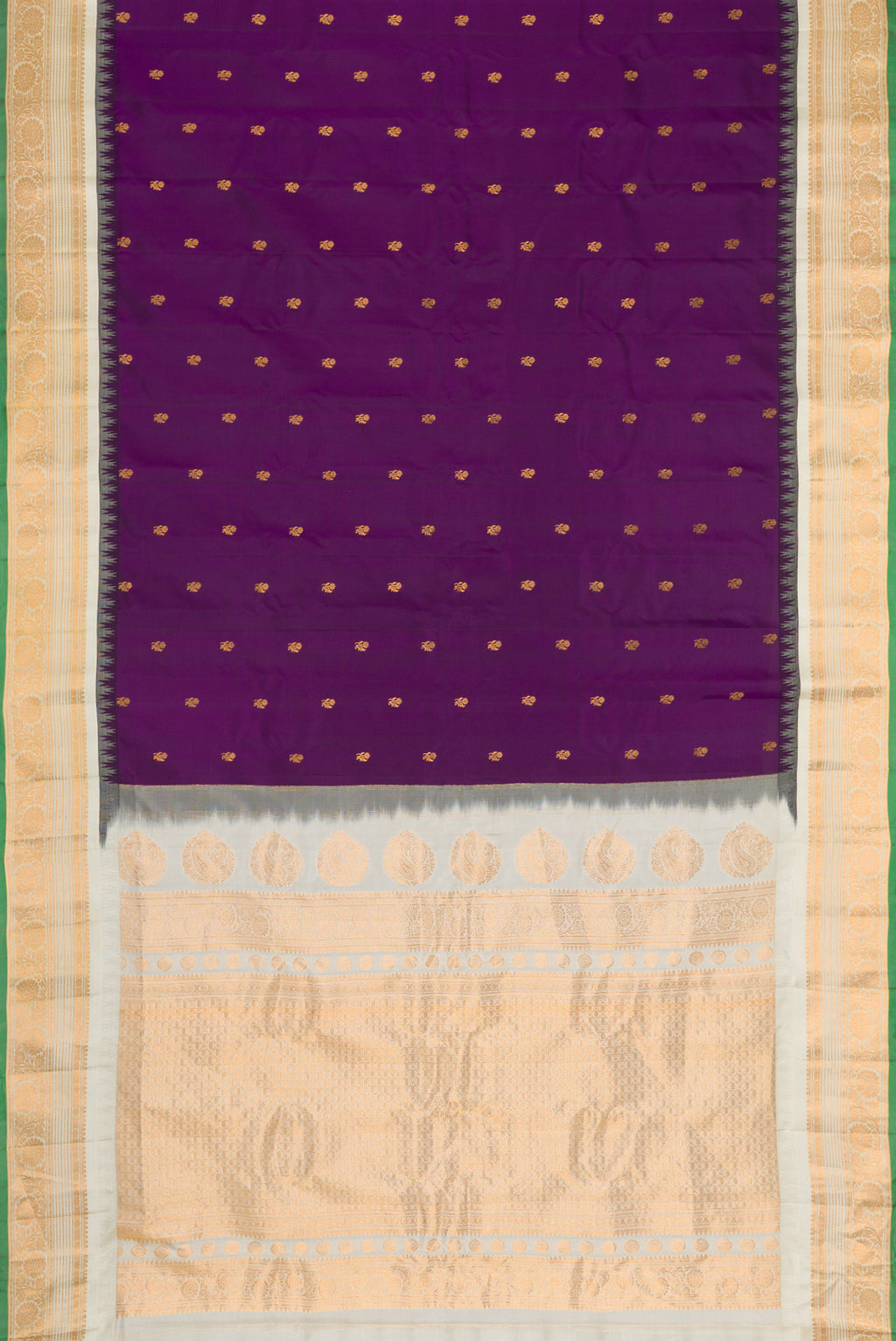 Flat view of Violet Dual Tone Gadwal Silk Saree with Zari Butta on the body and Zari Border. 