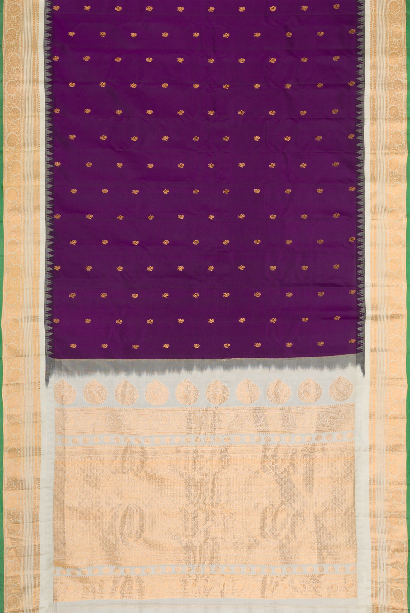 Flat view of Violet Dual Tone Gadwal Silk Saree with Zari Butta on the body and Zari Border. 