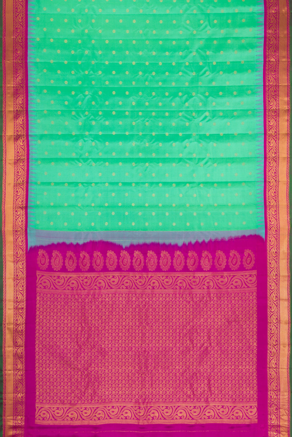 Flat view of Sea Green Dual Tone Gadwal Silk Saree with Zari Butta on the body and Zari Border. 