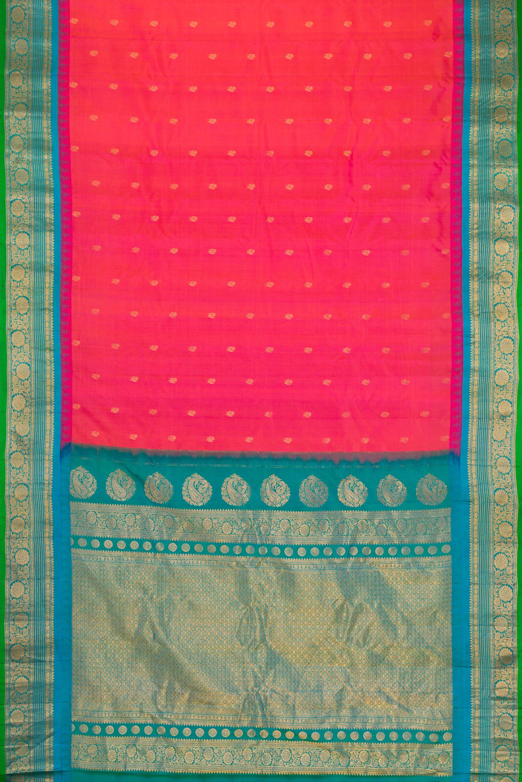 Flat view of Coral Dual Tone Gadwal Silk Saree with Zari Butta on the body and Zari Border. 