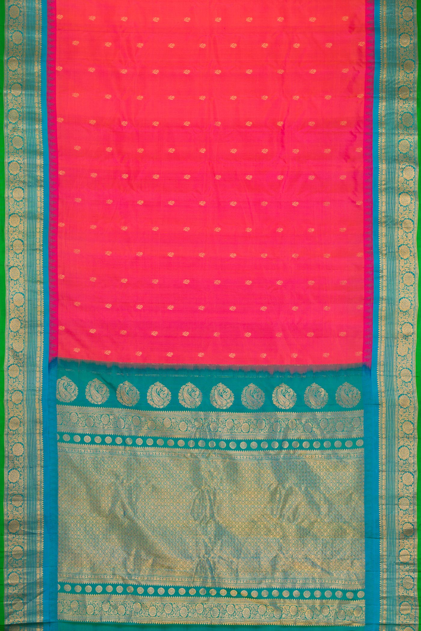 Flat view of Coral Dual Tone Gadwal Silk Saree with Zari Butta on the body and Zari Border. 