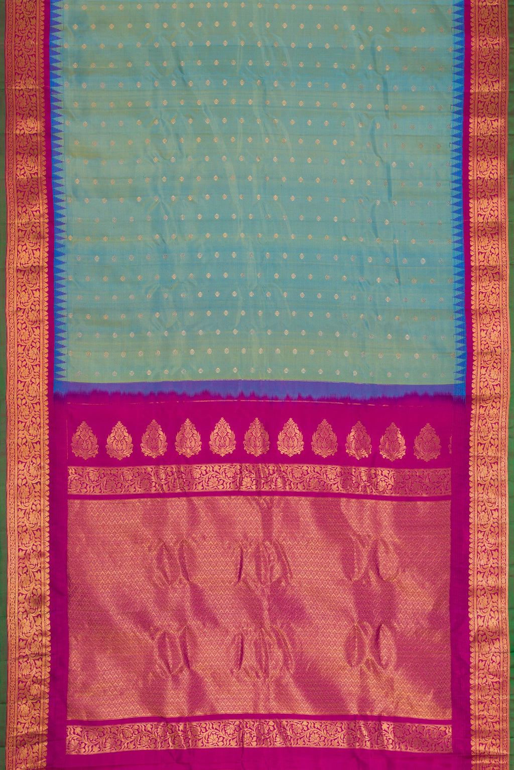 Flat view of Light Green Dual Tone Gadwal Silk Saree with Zari Butta on the body and Zari Border. 
