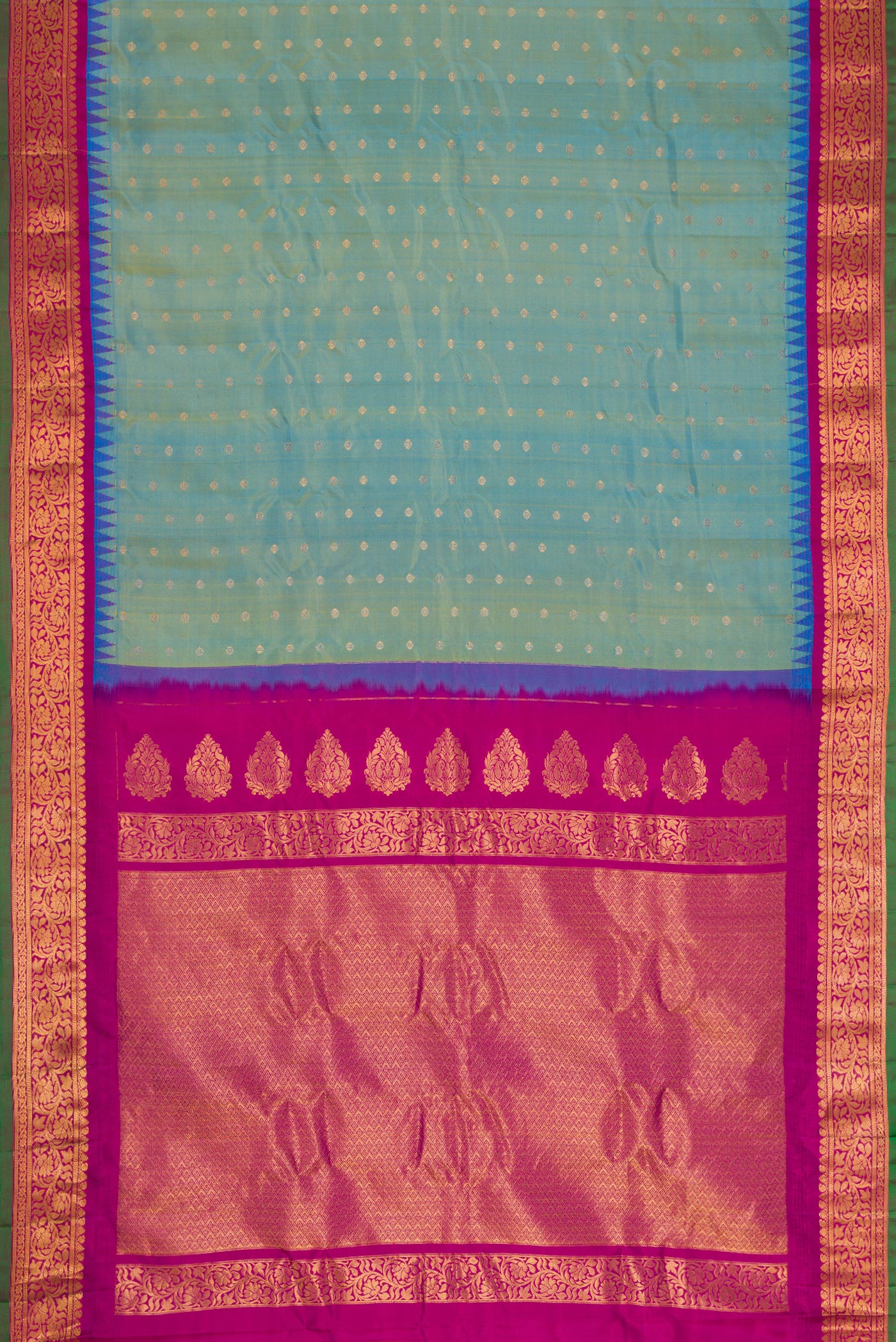Flat view of Light Green Dual Tone Gadwal Silk Saree with Zari Butta on the body and Zari Border. 