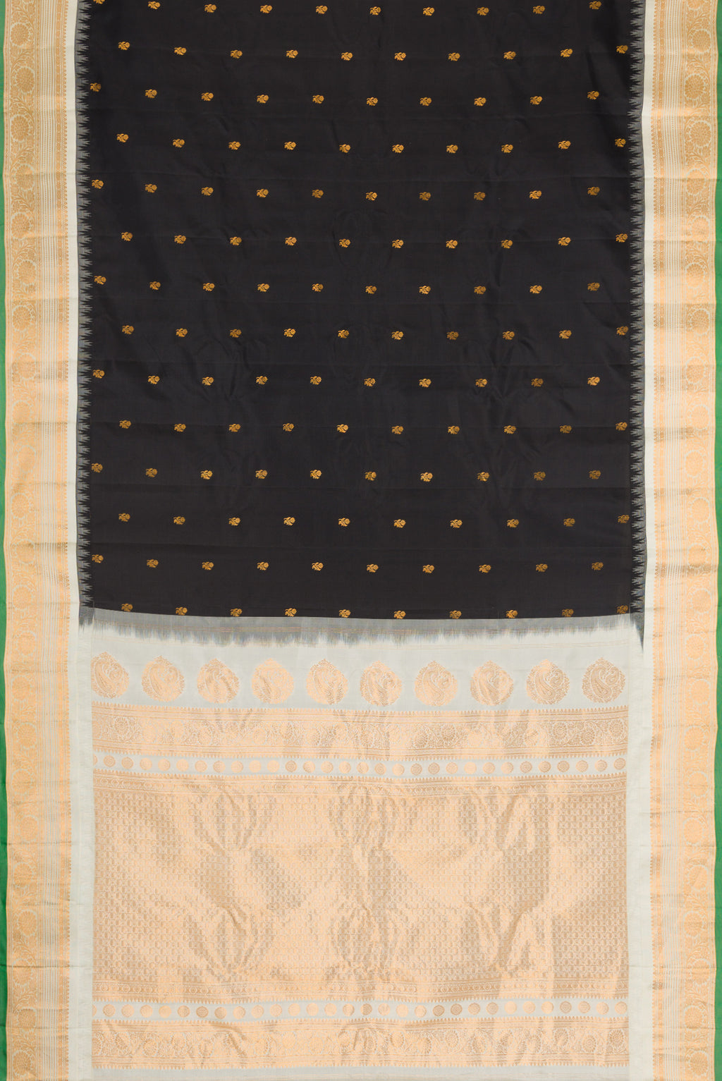 Flat view of Black Dual Tone Gadwal Silk Saree with Zari Butta on the body and Zari Border. 