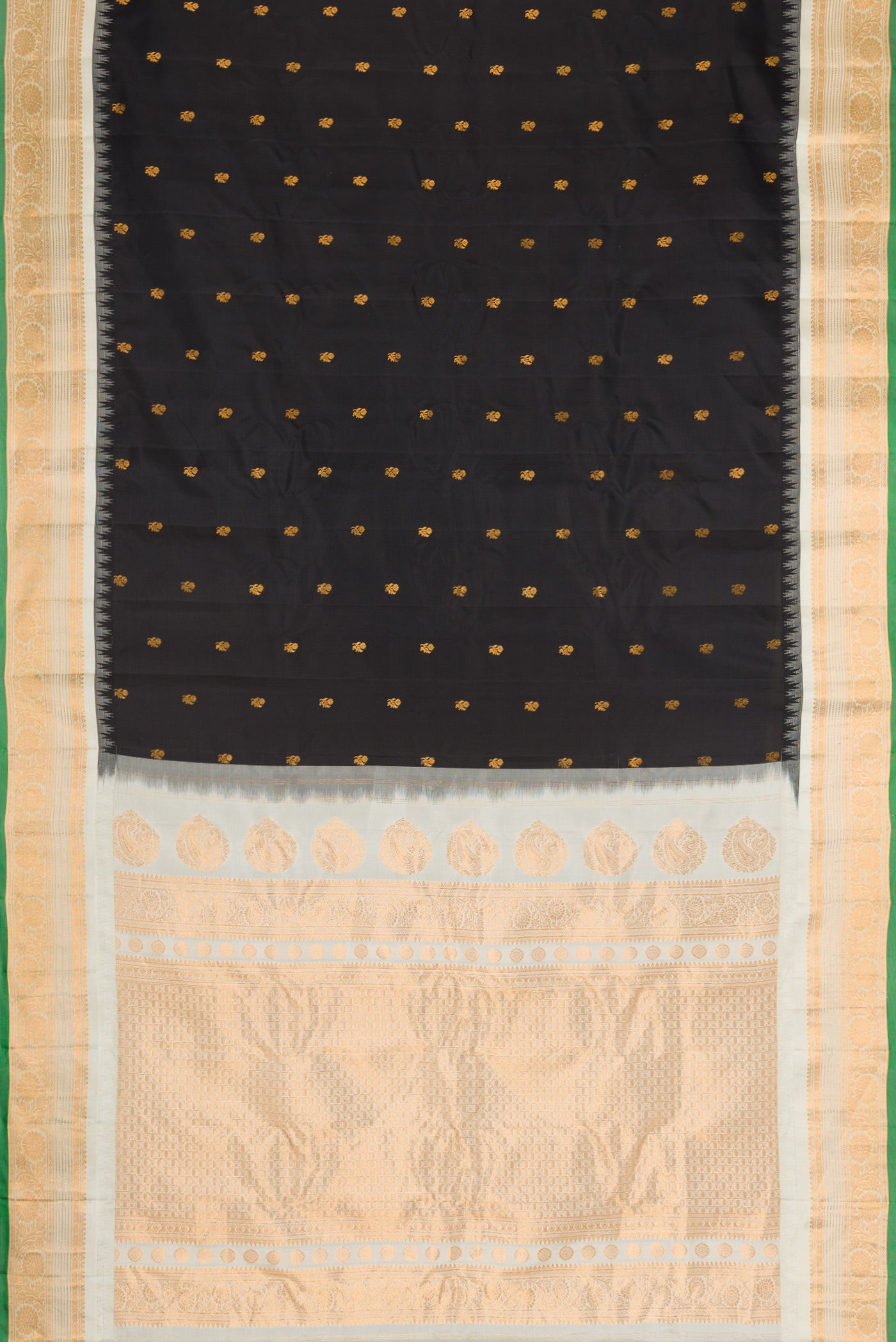 Flat view of Black Dual Tone Gadwal Silk Saree with Zari Butta on the body and Zari Border. 