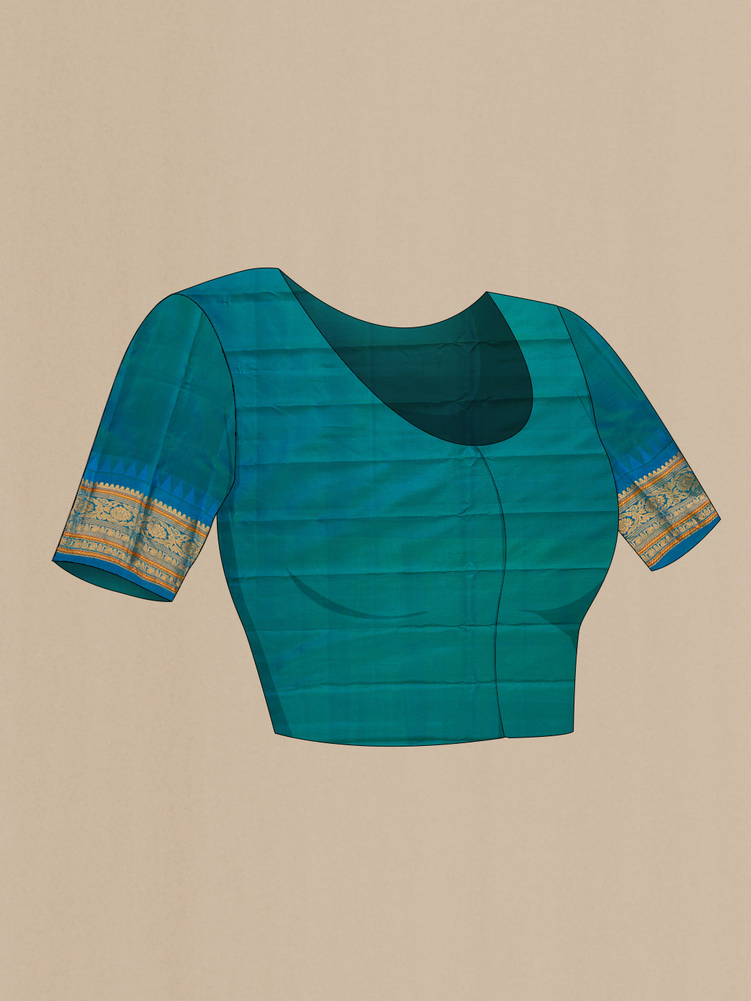 Close up image of the blouse of Burgundy Dual Tone Gadwal Silk Saree with Checked design on the body and Zari Border. 