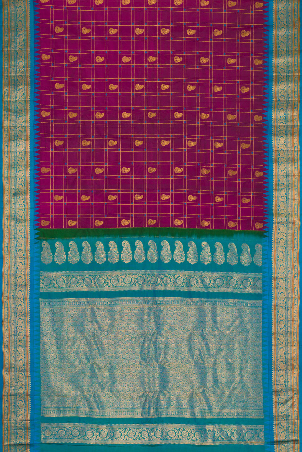 Flat view of Burgundy Dual Tone Gadwal Silk Saree with Checked design on the body and Zari Border. 