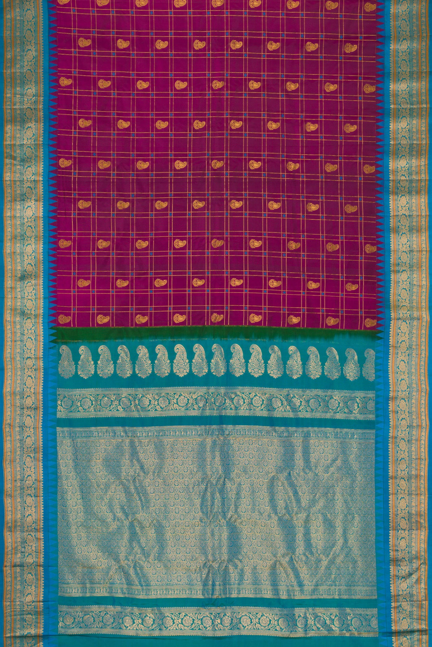 Flat view of Burgundy Dual Tone Gadwal Silk Saree with Checked design on the body and Zari Border. 