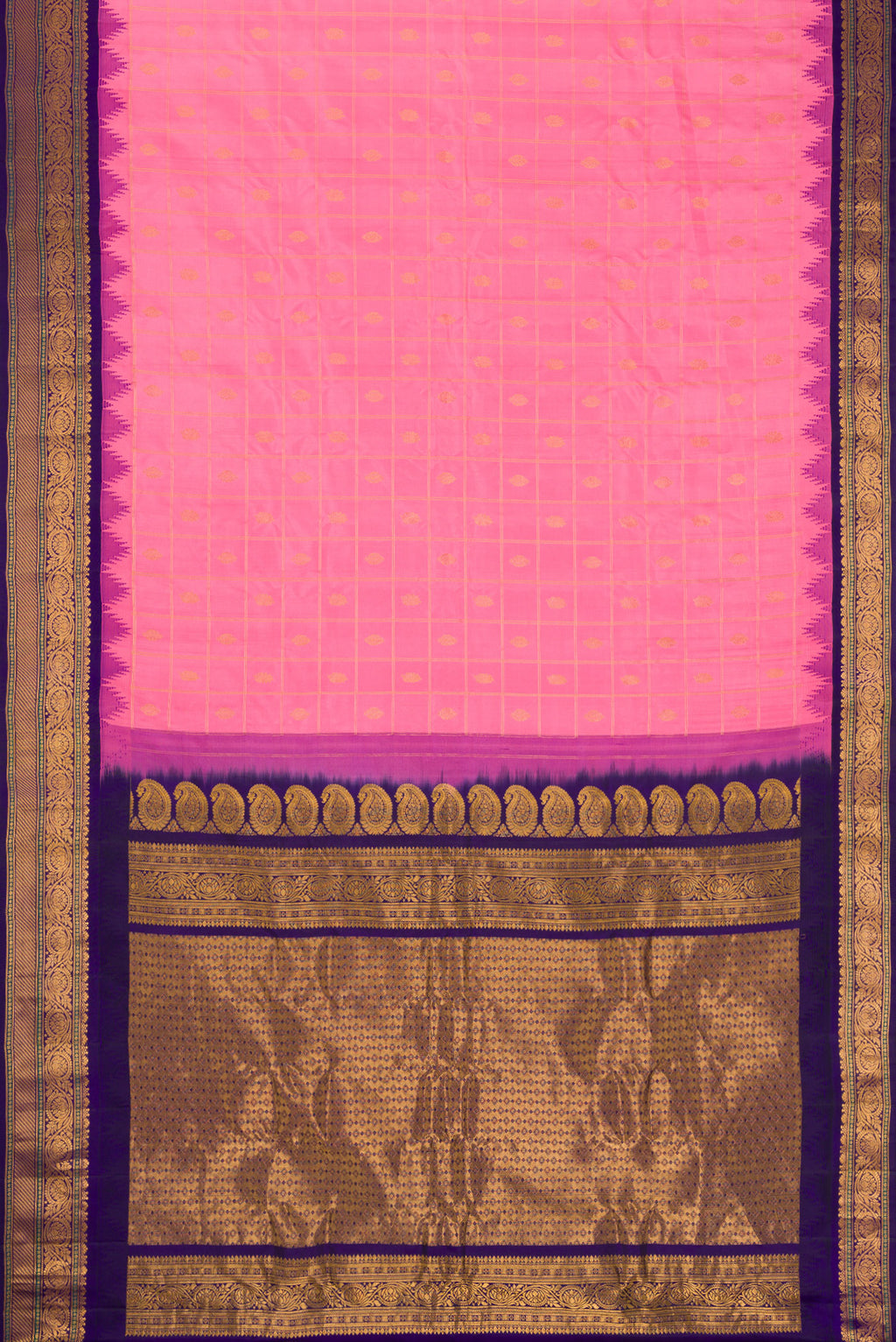 Flat view of Pink Dual Tone Gadwal Silk Saree with Checked design on the body and Zari Border. 