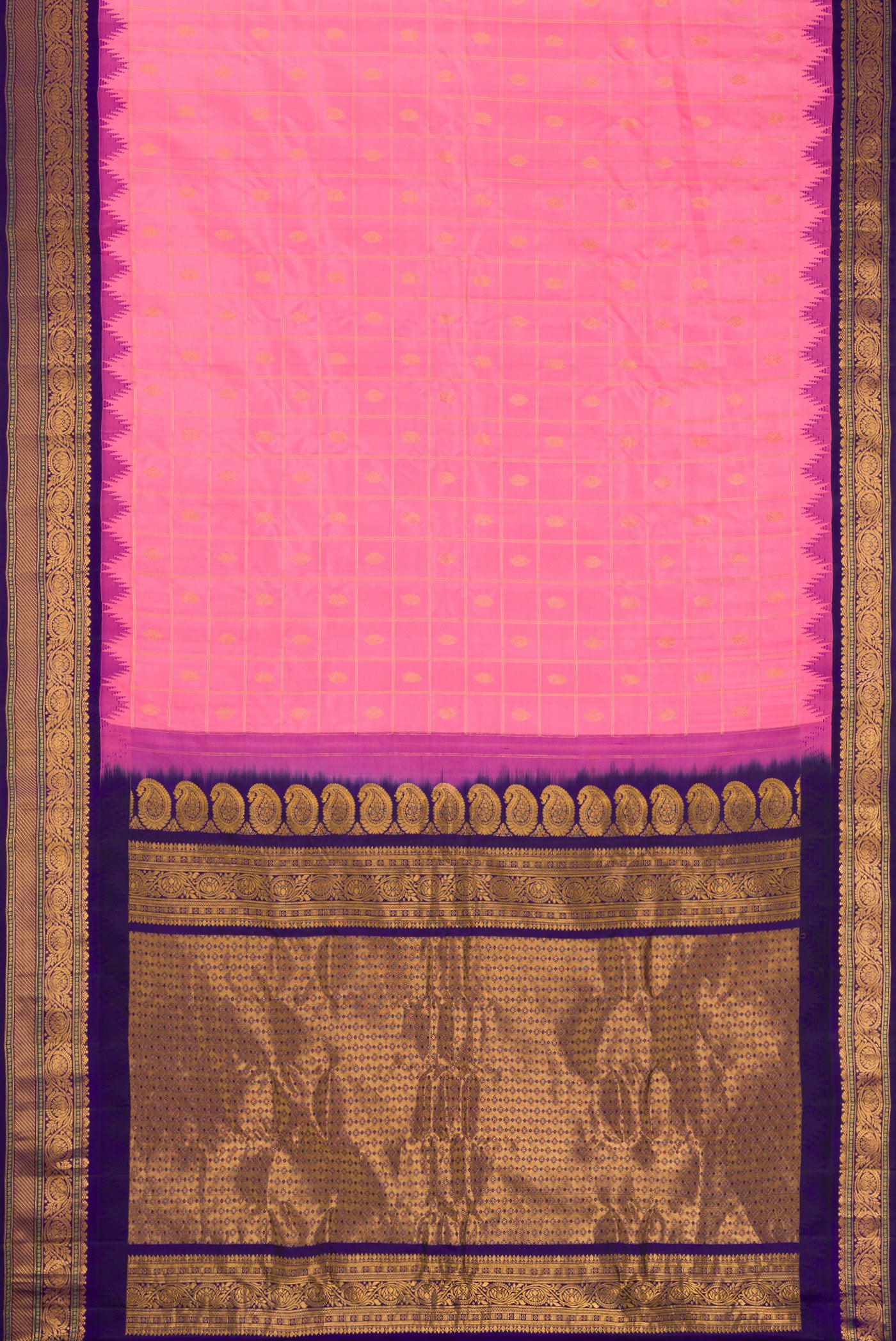 Flat view of Pink Dual Tone Gadwal Silk Saree with Checked design on the body and Zari Border. 