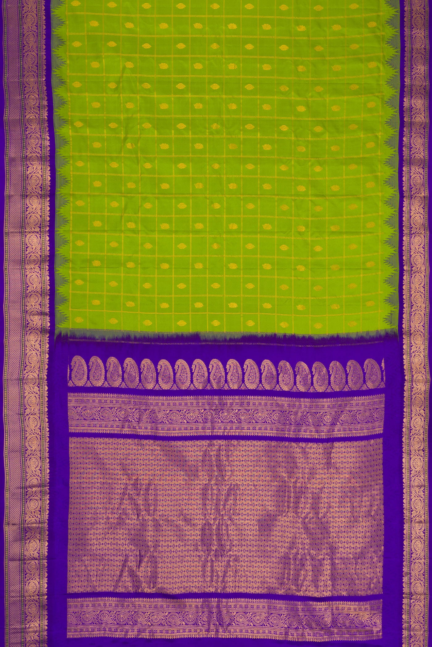 Flat view of Parrot Green Dual Tone Gadwal Silk Saree with Checked design on the body and Temple Border. 