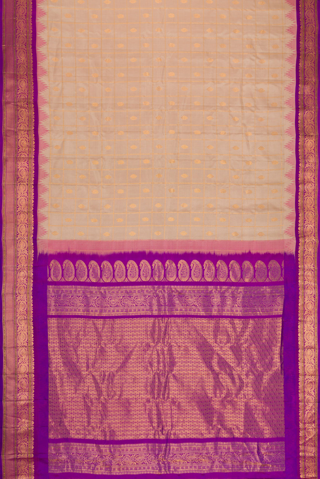 Flat view of Beige Dual Tone Gadwal Silk Saree with Checked design on the body and Temple Border. 