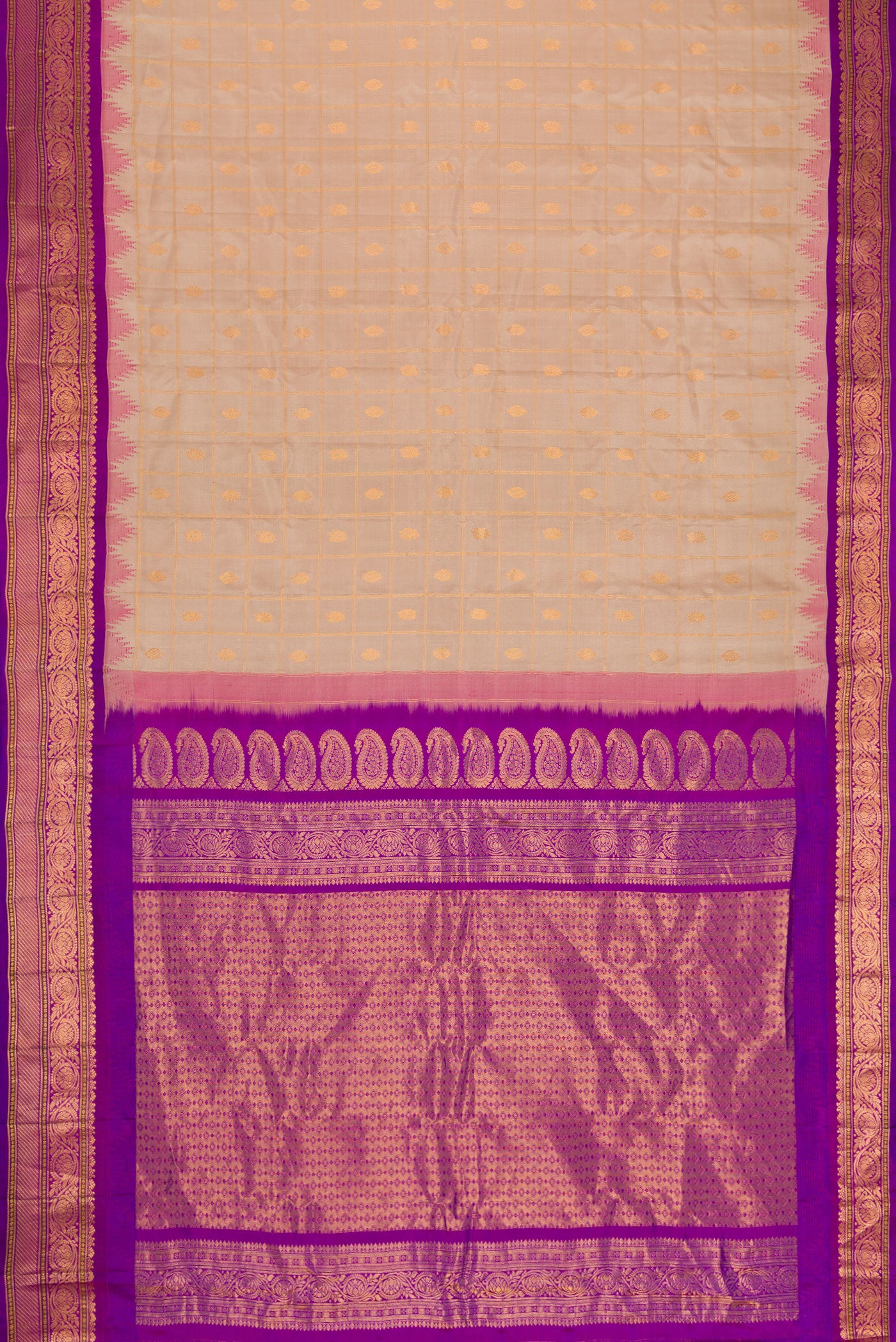 Flat view of Beige Dual Tone Gadwal Silk Saree with Checked design on the body and Temple Border. 