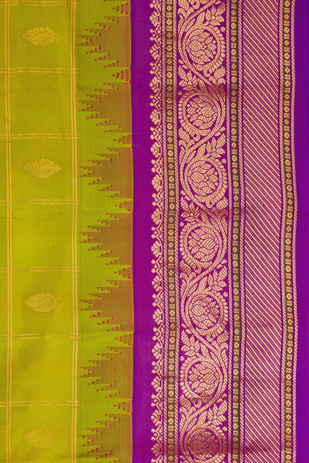 Border image of Parrot Green Dual Tone Gadwal Silk Saree with Checked design on the body and Zari Border. 