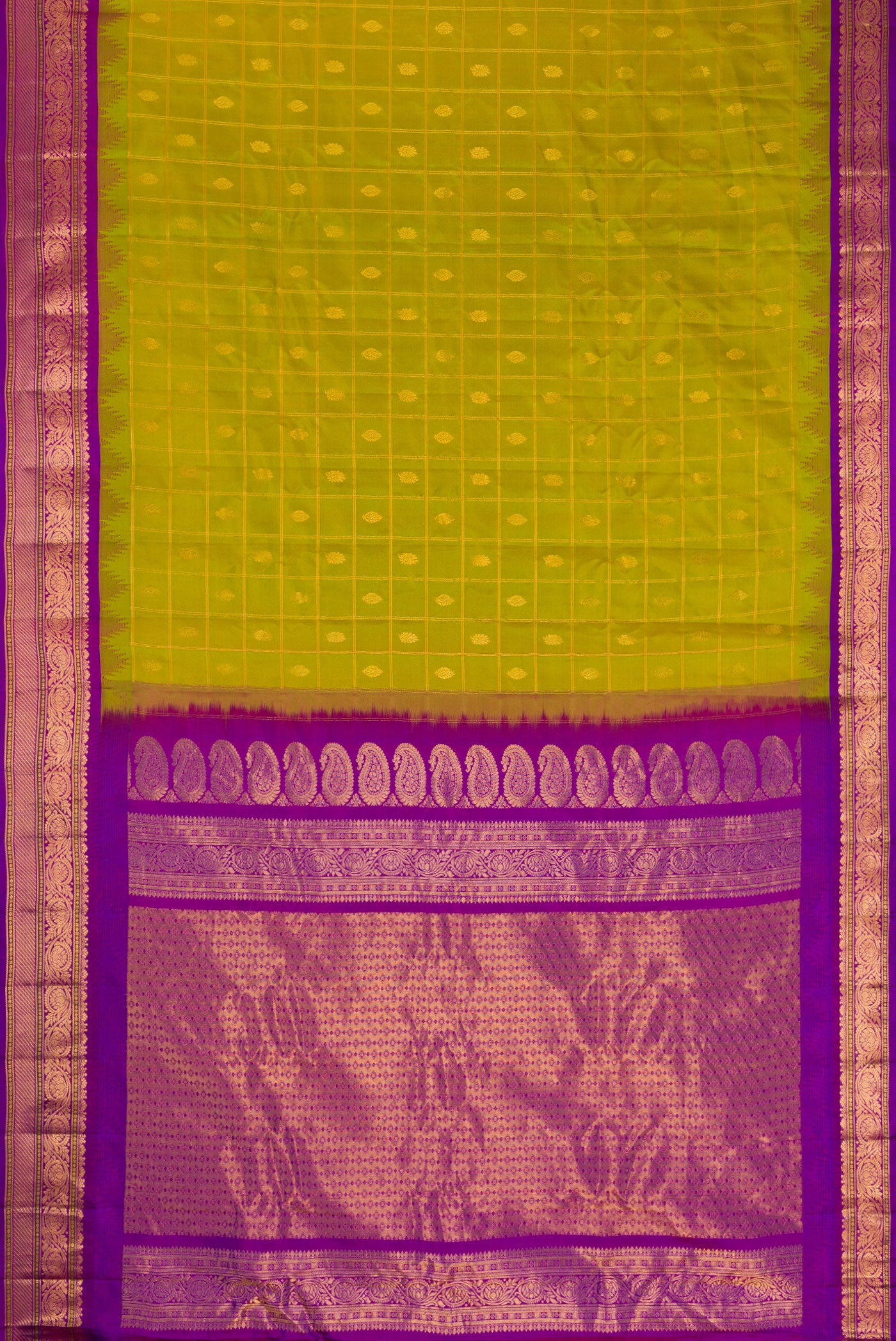 Flat view of Parrot Green Dual Tone Gadwal Silk Saree with Checked design on the body and Zari Border. 