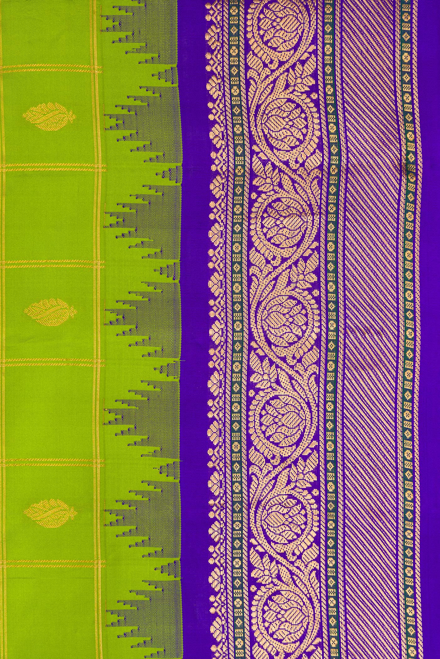 Border image of Parrot Green Dual Tone Gadwal Silk Saree with Checked design on the body and Zari Border. 