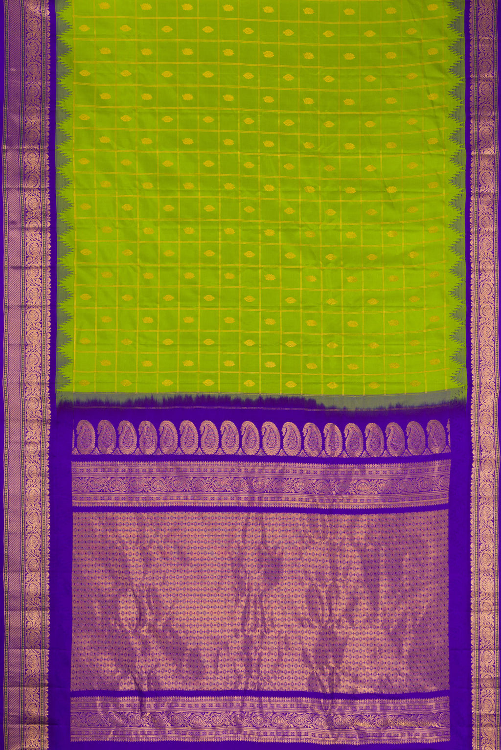 Flat view of Parrot Green Dual Tone Gadwal Silk Saree with Checked design on the body and Zari Border. 