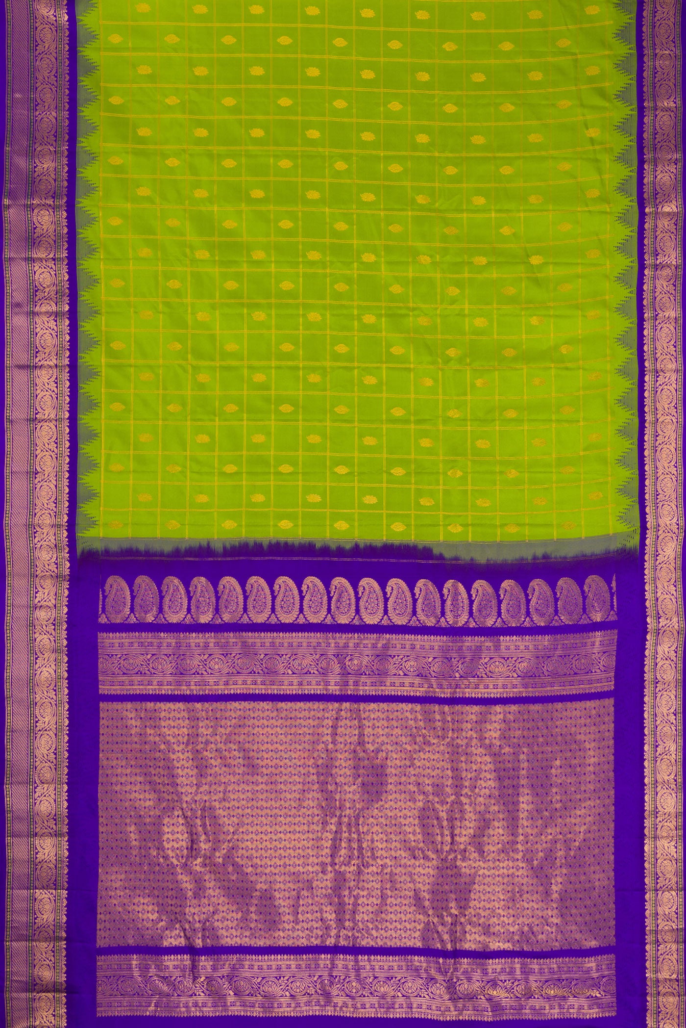 Flat view of Parrot Green Dual Tone Gadwal Silk Saree with Checked design on the body and Zari Border. 