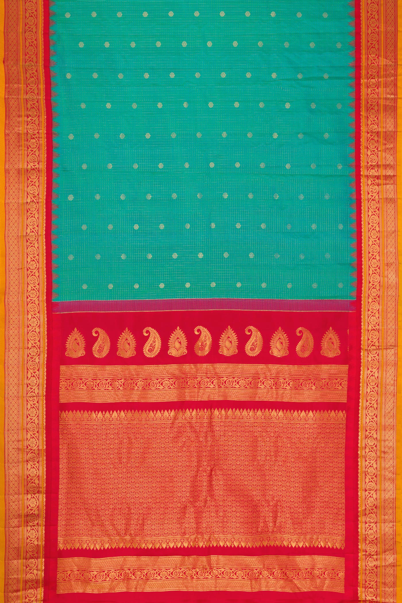 Flat view of Green Dual Tone Gadwal Silk Saree with Zari Butta on the body and Zari Border. 