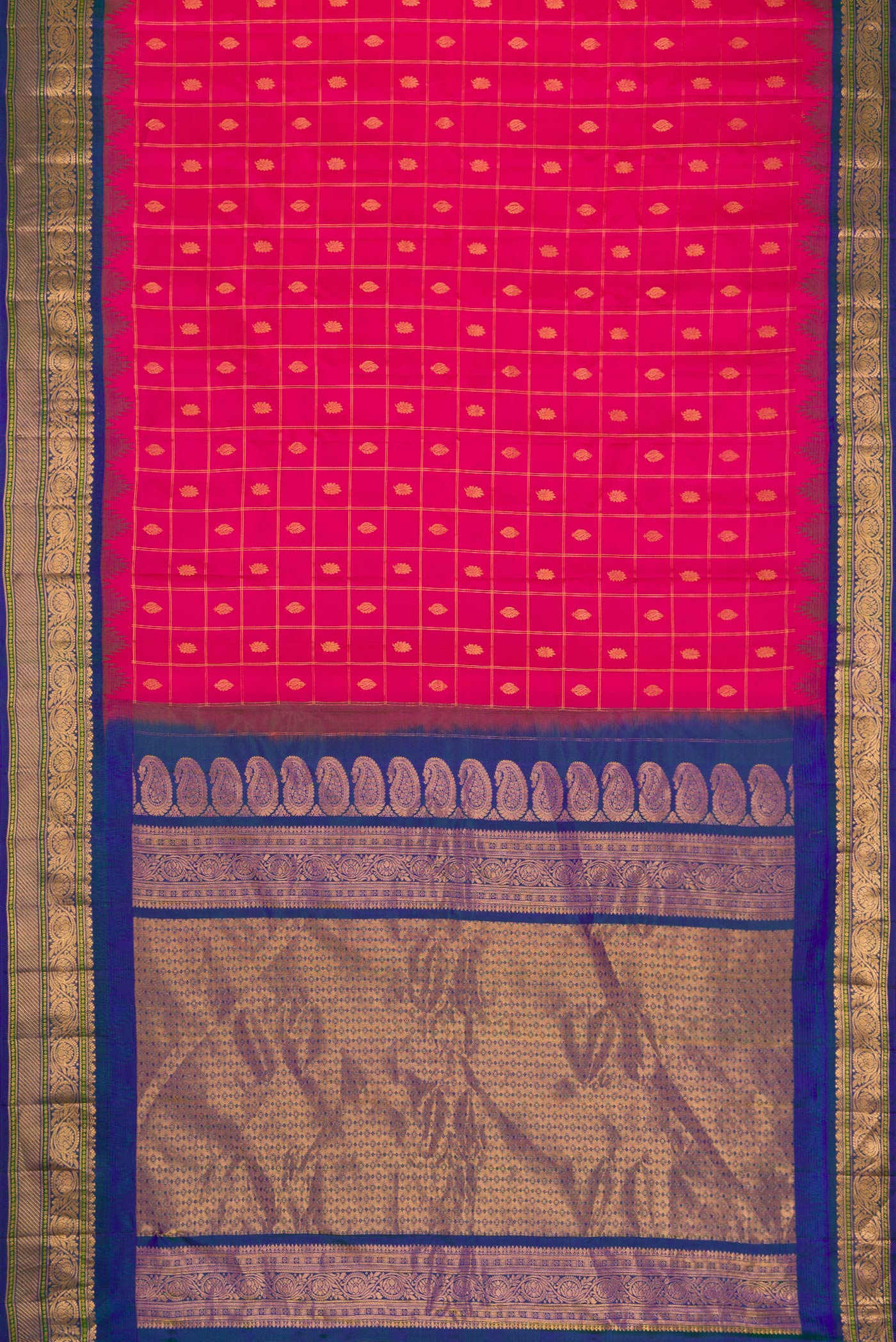 Flat view of Pink Dual Tone Gadwal Silk Saree with Checked design on the body and Temple Border. 