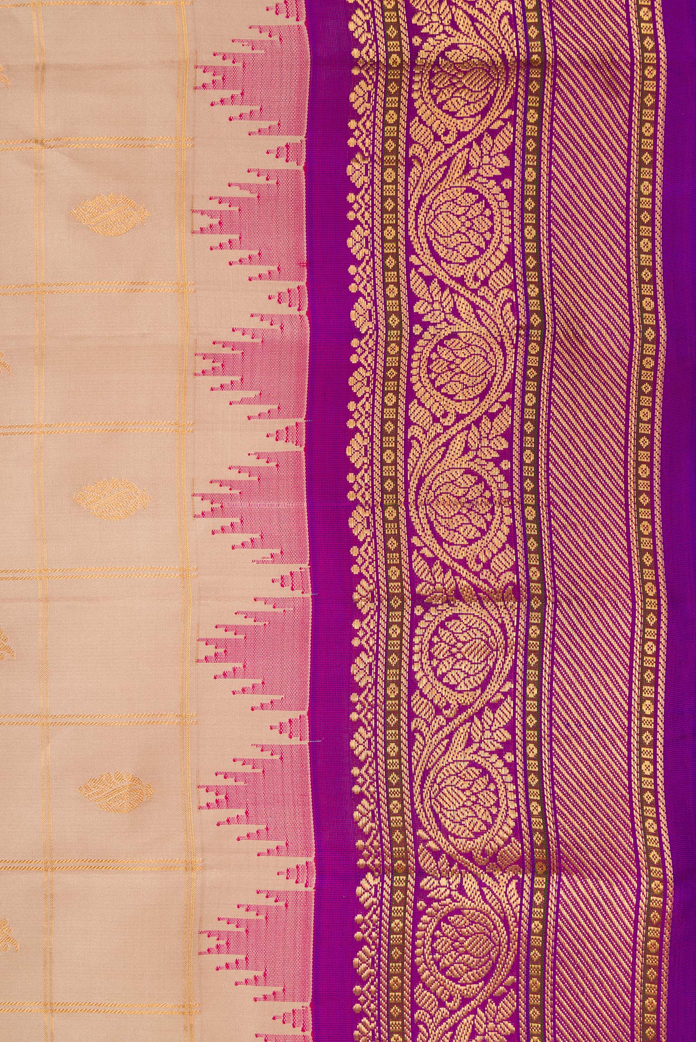 Border image of Beige Dual Tone Gadwal Silk Saree with Checked design on the body and Zari Border. 
