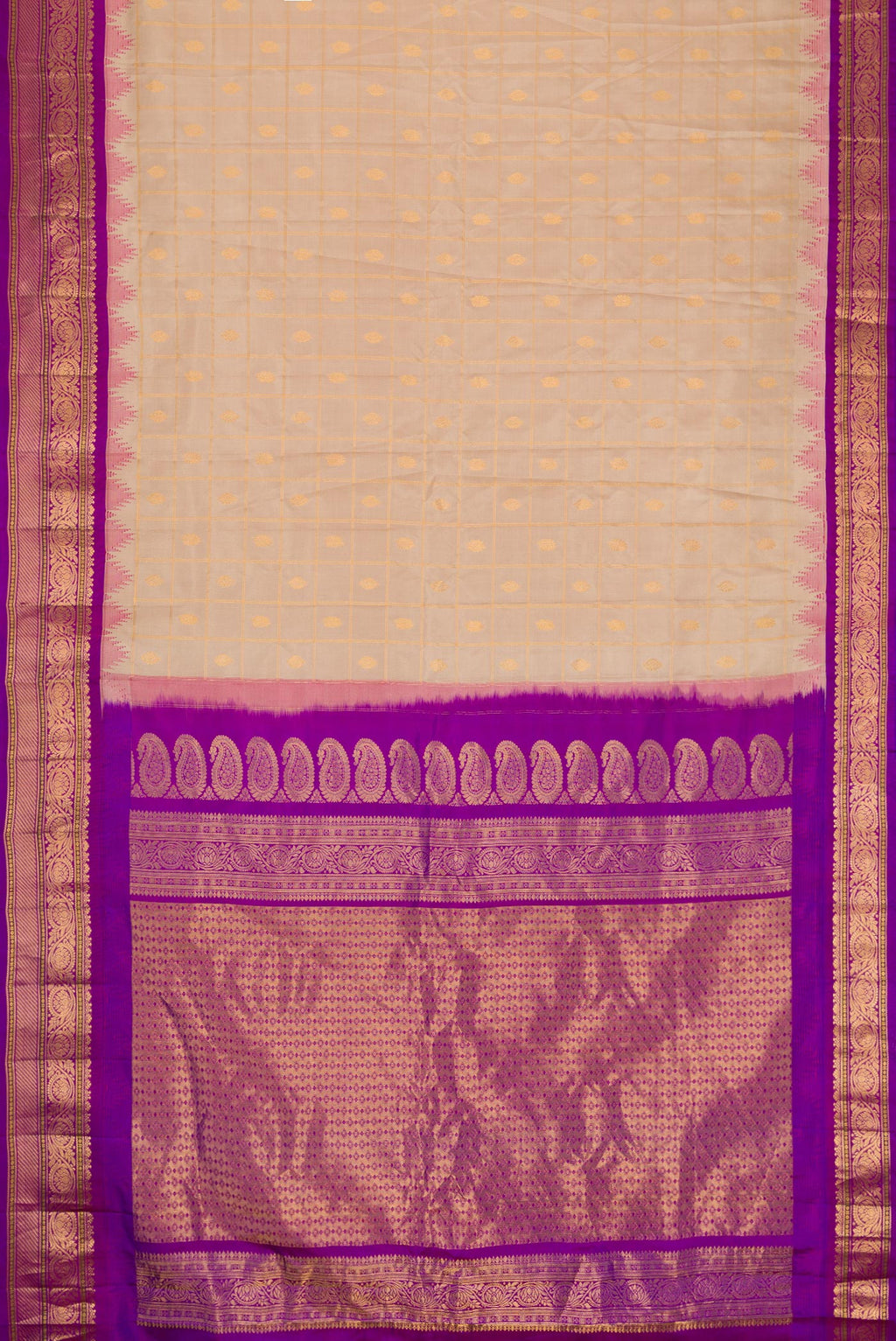 Flat view of Beige Dual Tone Gadwal Silk Saree with Checked design on the body and Zari Border. 