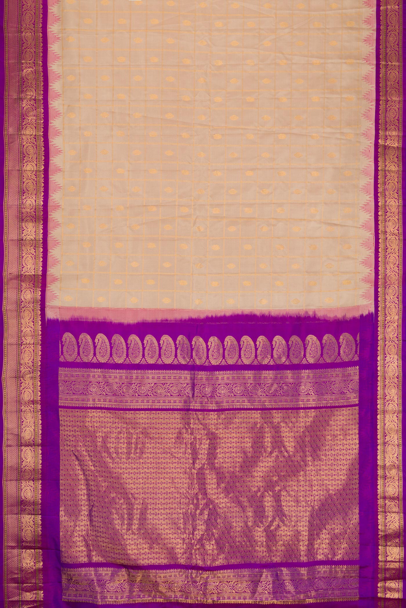 Flat view of Beige Dual Tone Gadwal Silk Saree with Checked design on the body and Zari Border. 