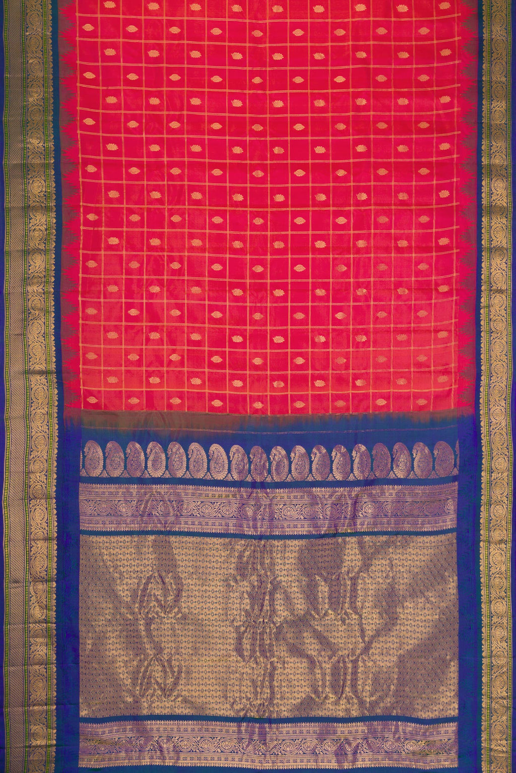 Flat view of Coral Dual Tone Gadwal Silk Saree with Zari Butta on the body and Zari Border. 