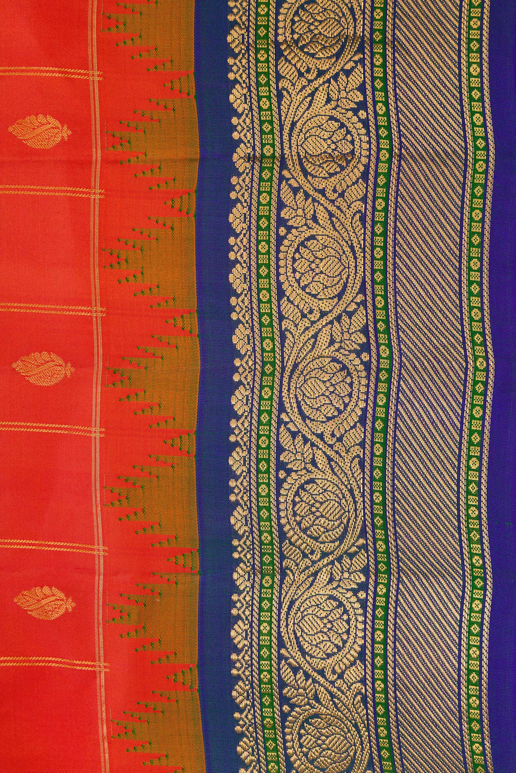 Border image of Brick Orange Dual Tone Gadwal Silk Saree with Zari Butta on the body and Zari Border. 