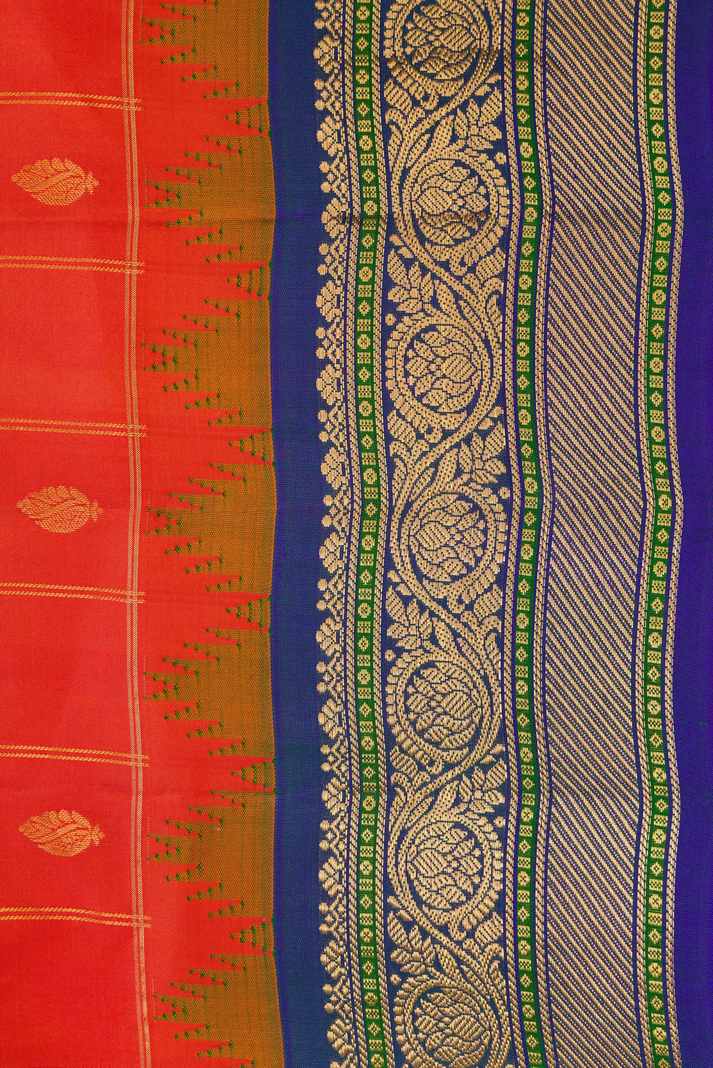 Border image of Brick Orange Dual Tone Gadwal Silk Saree with Zari Butta on the body and Zari Border. 