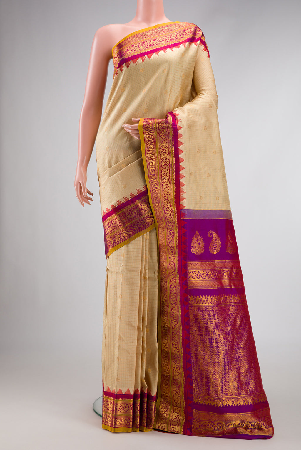 Sandal Dual Tone Gadwal Silk Saree with Zari Butta on the body and Zari Border.  displayed on a mannequin