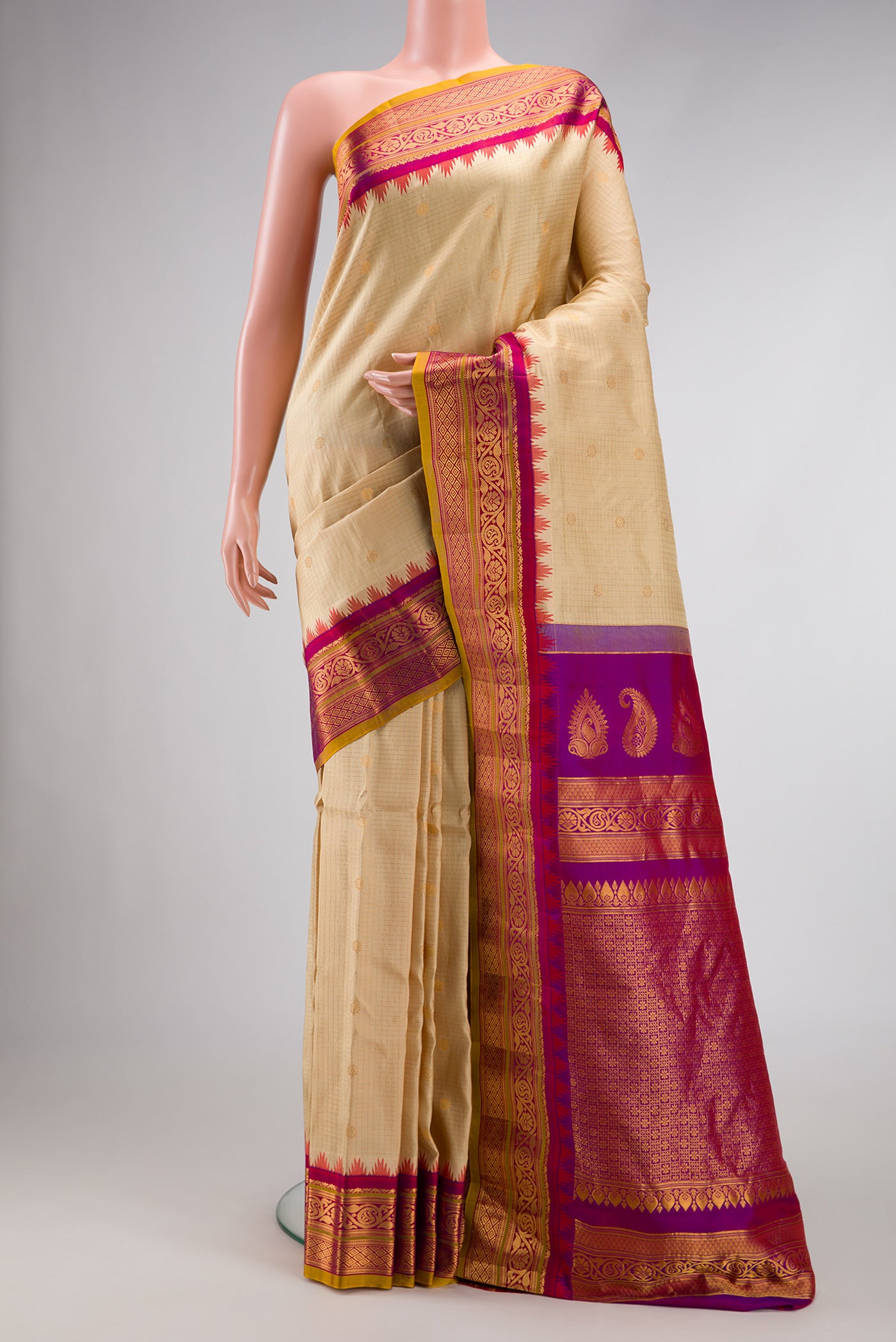 Sandal Dual Tone Gadwal Silk Saree with Zari Butta on the body and Zari Border.  displayed on a mannequin