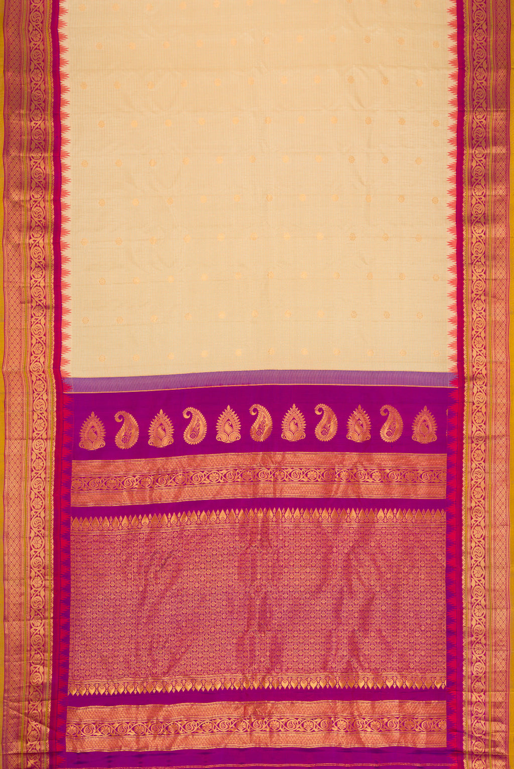 Flat view of Sandal Dual Tone Gadwal Silk Saree with Zari Butta on the body and Zari Border. 