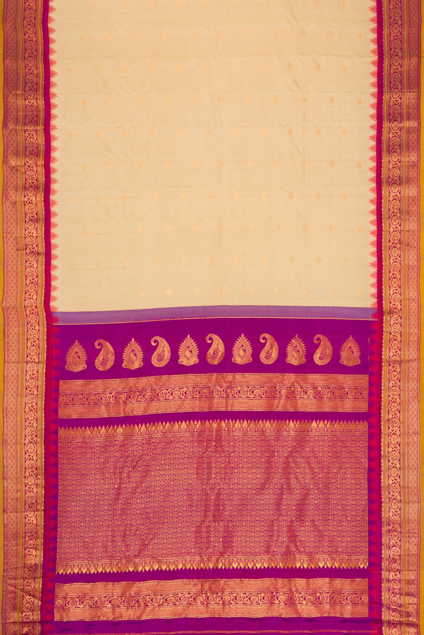 Flat view of Sandal Dual Tone Gadwal Silk Saree with Zari Butta on the body and Zari Border. 