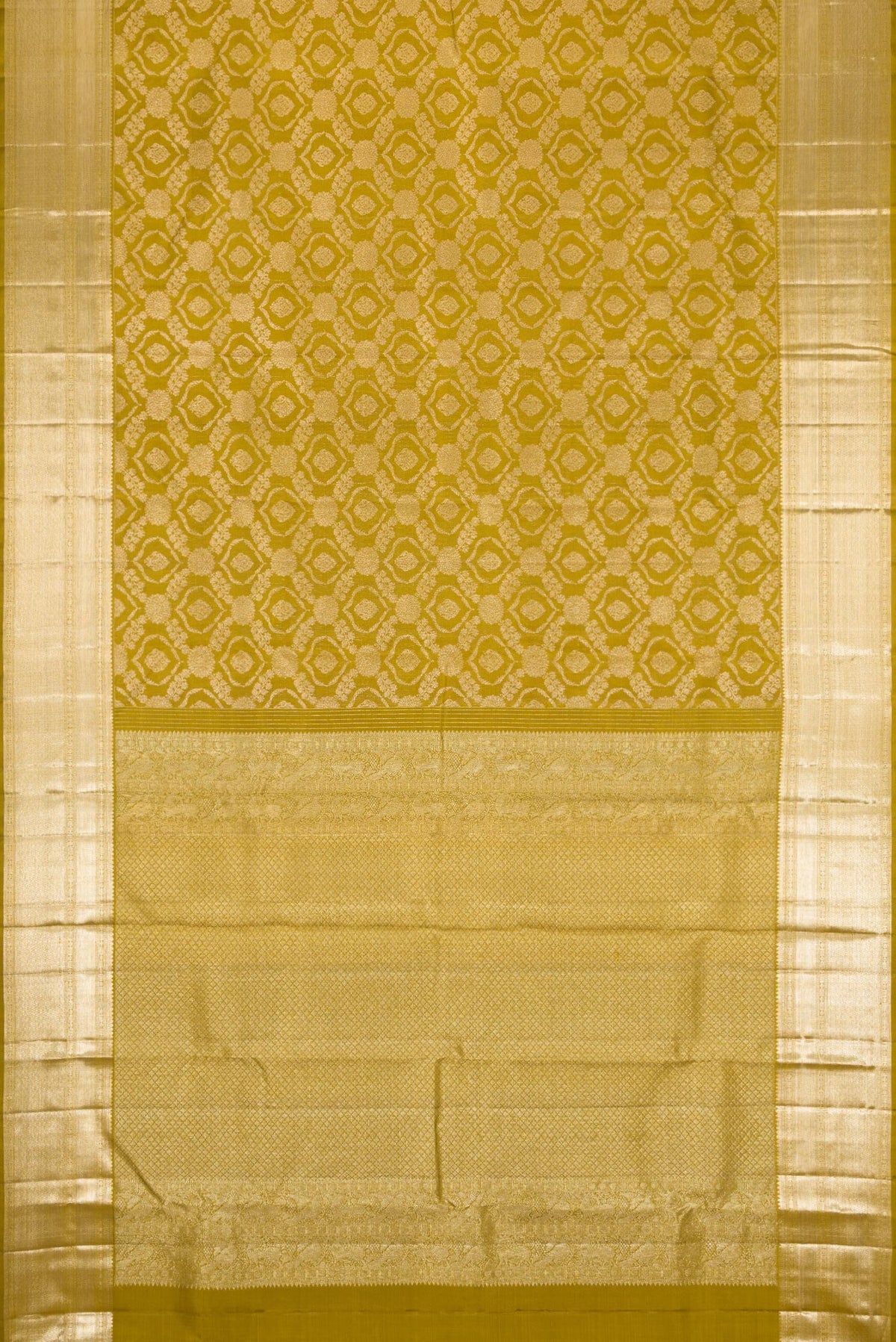 Flat view of Mehandi Green Dual Tone Kanchipuram Silk Saree with Zari Brocade on the body and Zari Border. 