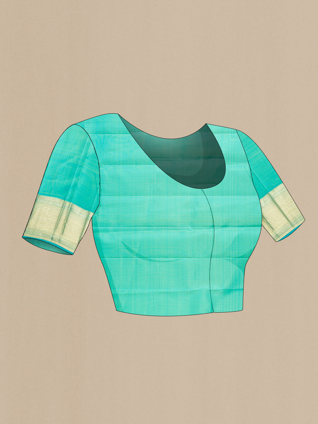 Close up image of the blouse of Sky Blue Dual Tone Kanchipuram Silk Saree with Zari Brocade on the body and Zari Border. 