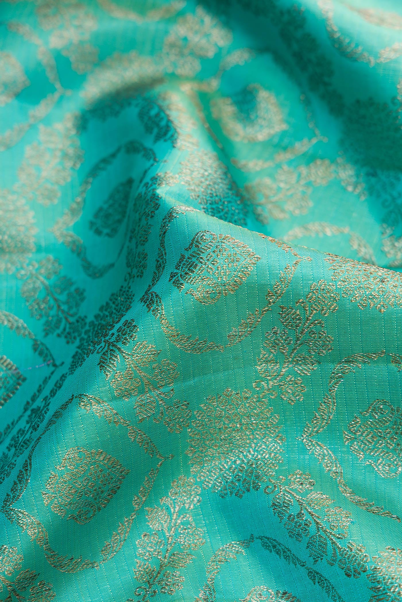 Close up of Sky Blue Dual Tone Kanchipuram Silk Saree with Zari Brocade on the body and Zari Border.  displaying folds