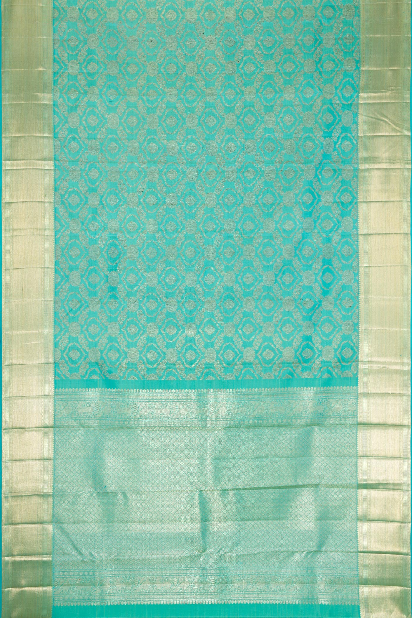 Flat view of Sky Blue Dual Tone Kanchipuram Silk Saree with Zari Brocade on the body and Zari Border. 