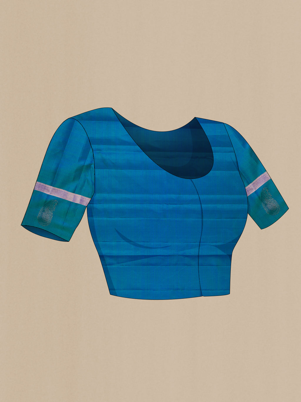 Close up image of the blouse of Peacock Blue Dual Tone Kanchipuram Silk Saree with Zari Brocade on the body and Zari Border. 
