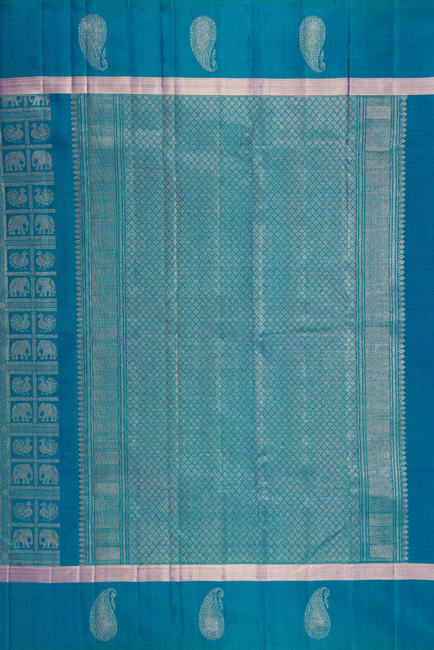 Close up image of the pallu of Peacock Blue Dual Tone Kanchipuram Silk Saree with Zari Brocade on the body and Zari Border. 