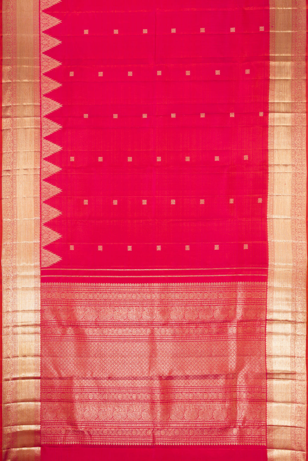 Flat view of Coral Dual Tone Kanjivaram Silk Saree with Zari Butta on the body and Fancy Border. 