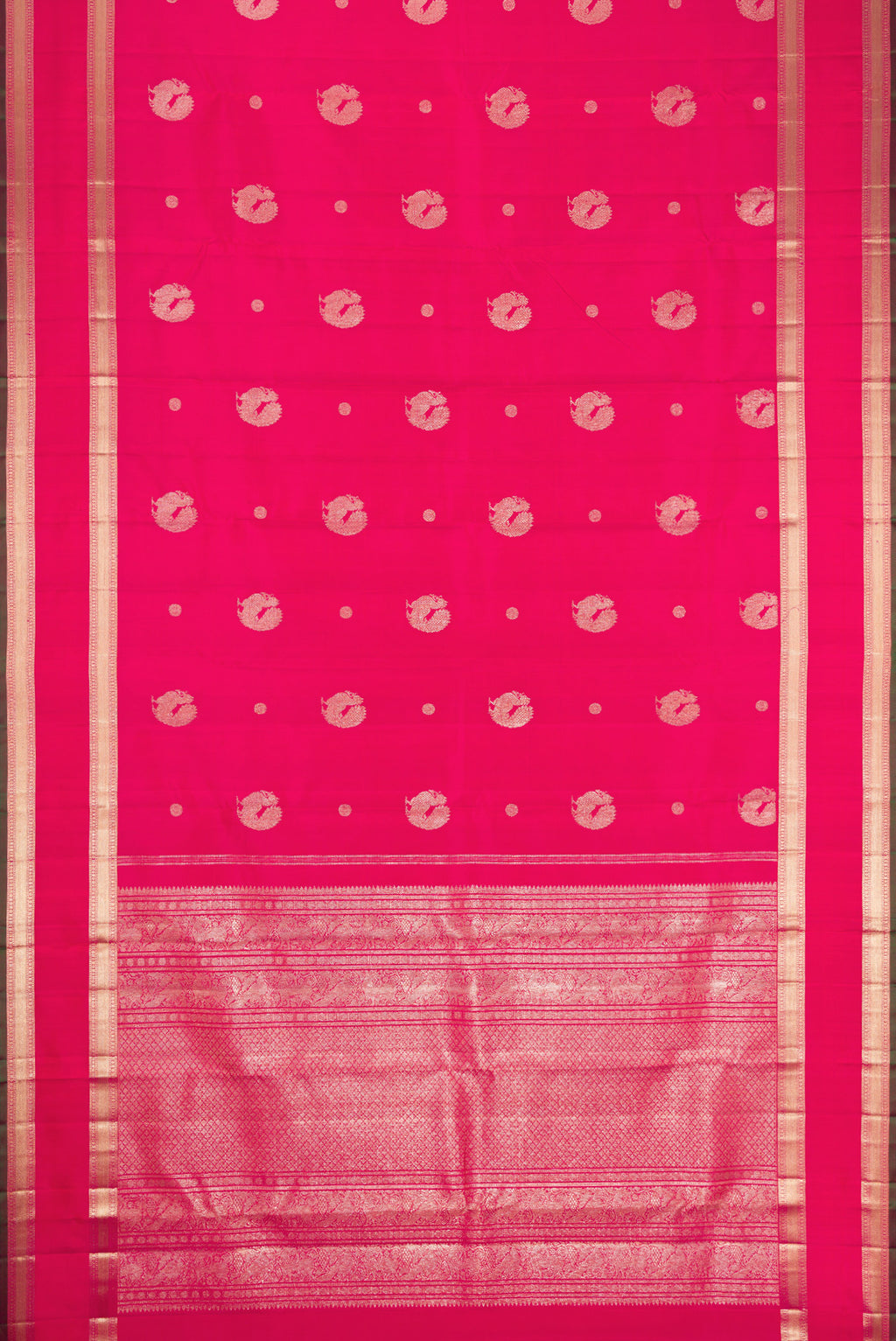 Flat view of Pink Dual Tone Kanjivaram Silk Saree with Zari Butta on the body and Zari Border. 