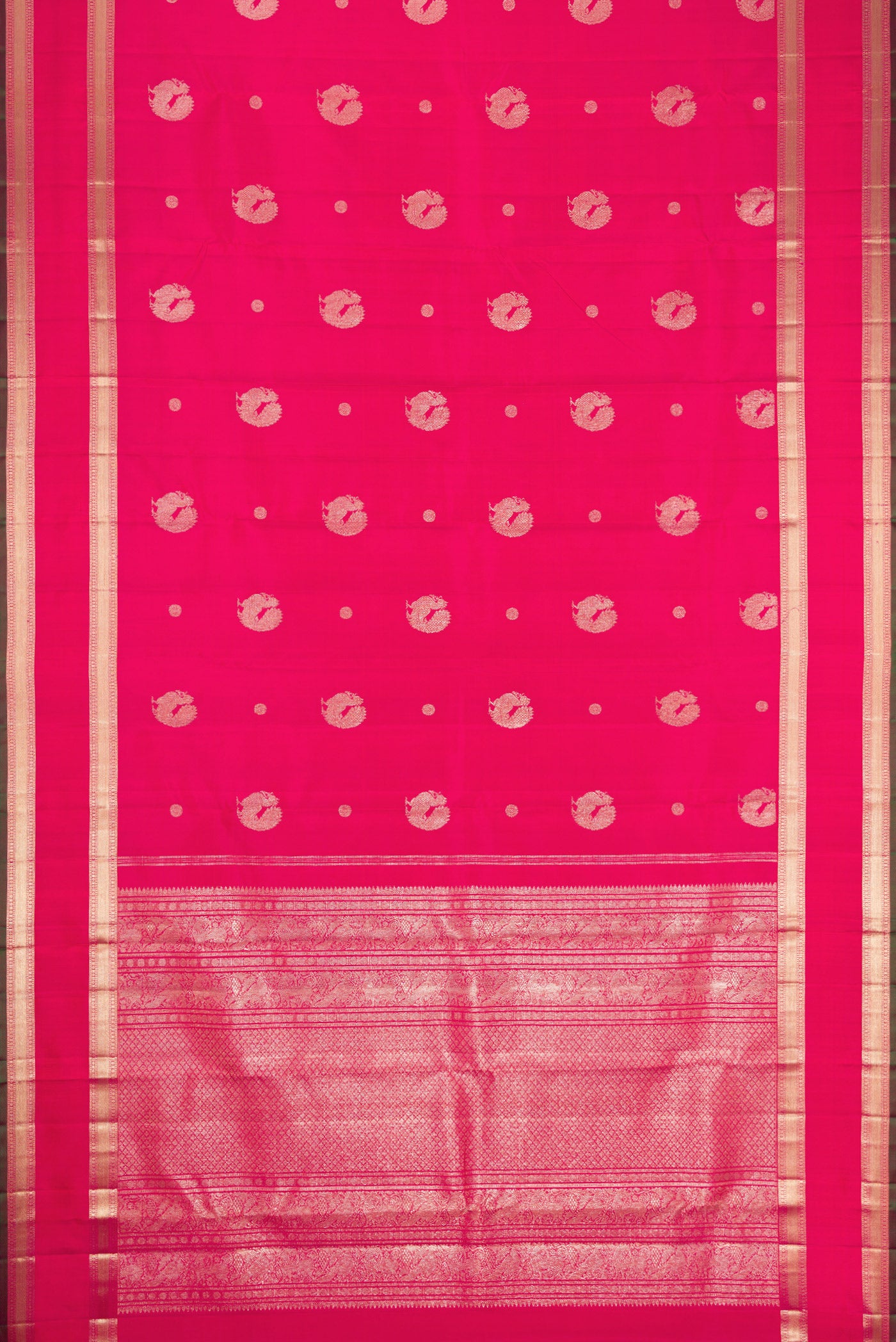Flat view of Pink Dual Tone Kanjivaram Silk Saree with Zari Butta on the body and Zari Border. 