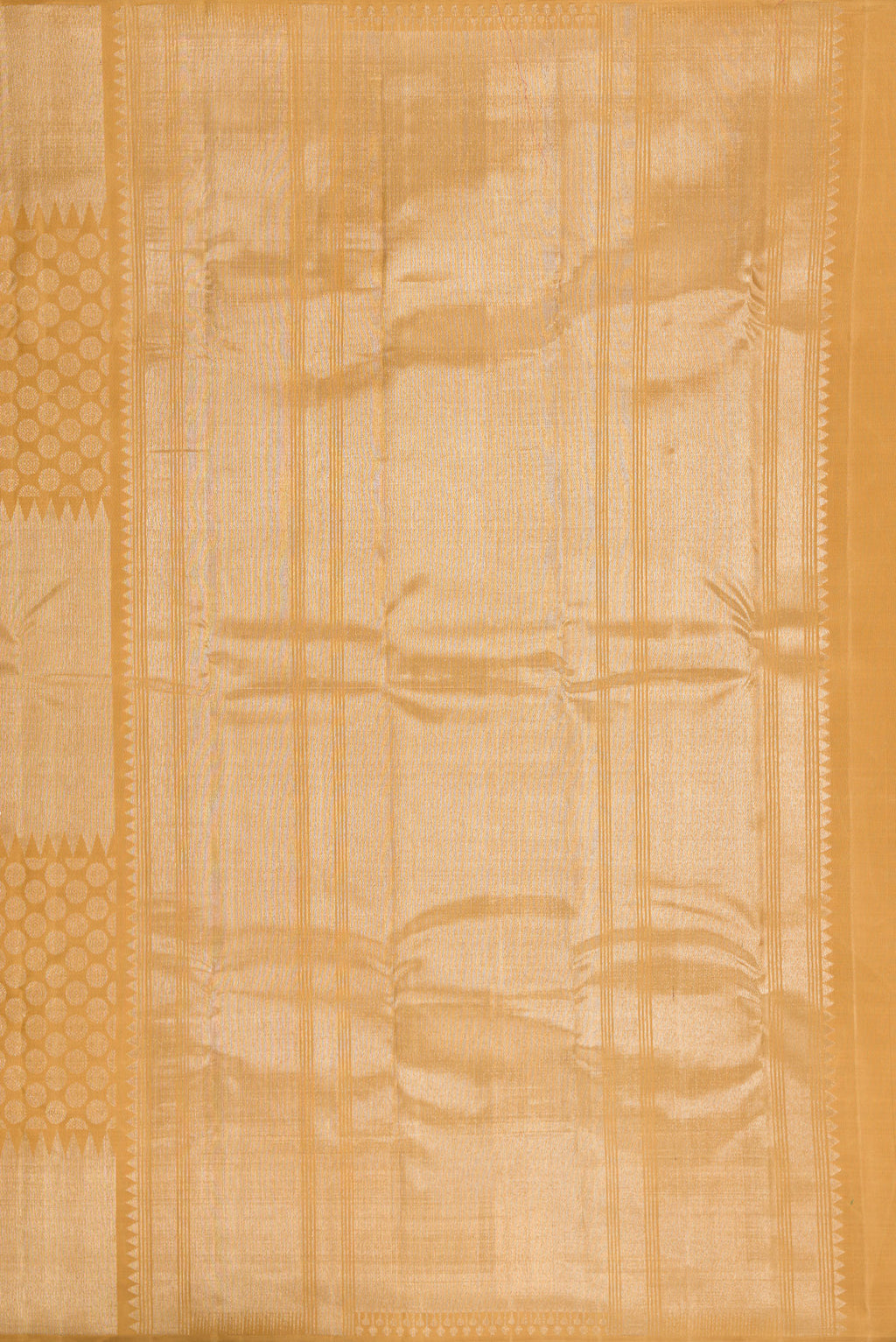 Close up image of the pallu of Gold Dual Tone Kanchipuram Silk Saree with Zari Brocade on the body and Temple Border. 