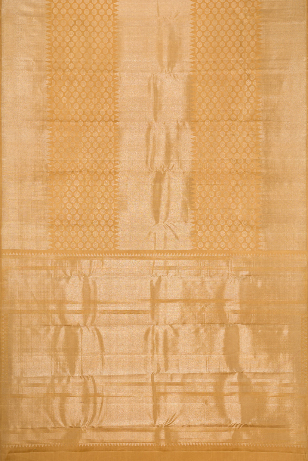 Flat view of Gold Dual Tone Kanchipuram Silk Saree with Zari Brocade on the body and Temple Border. 