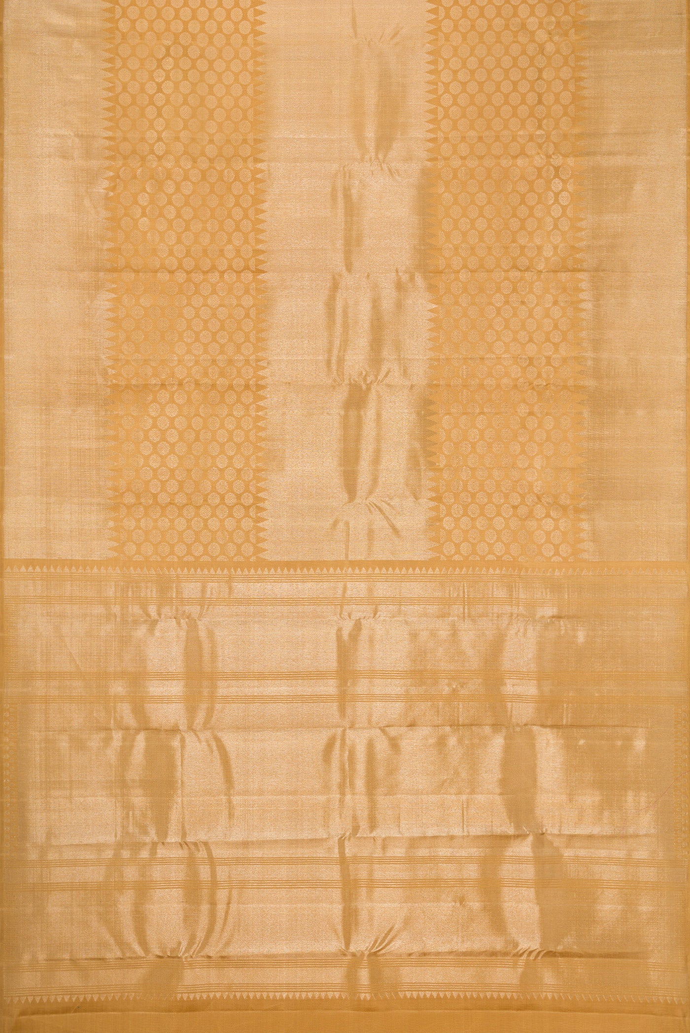 Flat view of Gold Dual Tone Kanchipuram Silk Saree with Zari Brocade on the body and Temple Border. 