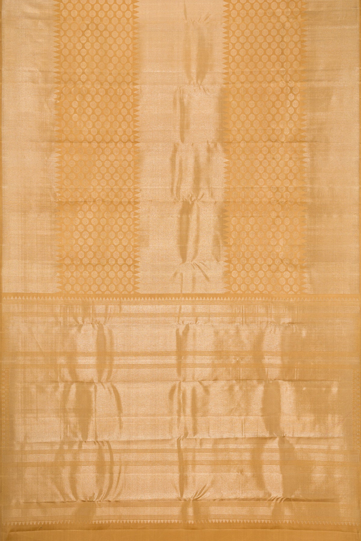 Flat view of Gold Dual Tone Kanchipuram Silk Saree with Zari Brocade on the body and Temple Border. 