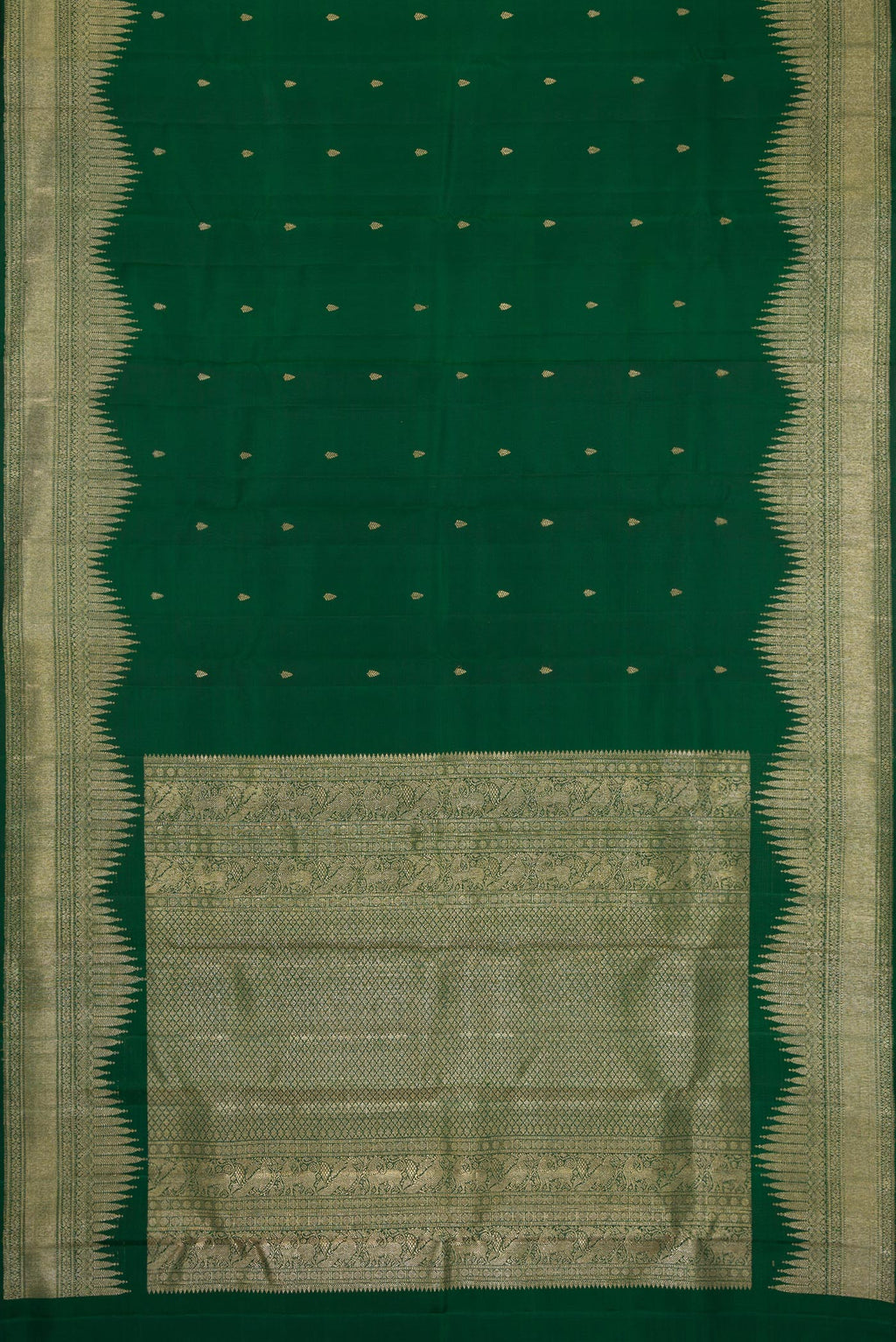 Flat view of Bottle Green Dual Tone Kanjivaram Silk Saree with Zari Butta on the body and Fancy Border. 